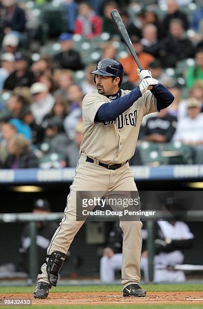 First baseman Adrian Gonzalez of the San Diego Padres takes an at bat against the Colorado Rockies during MLB action at Coors Field on April 10, 2010...