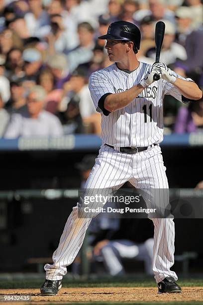 Brad Hawpe of the Colorado Rockies takes an at bat against the San Diego Padres during MLB action on Opening Day at Coors Field on April 9, 2010 in...