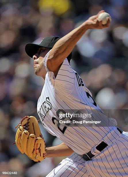 Starting pitcher Jorge De La Rosa of the Colorado Rockies delivers against the San Diego Padres during MLB action on Opening Day at Coors Field on...