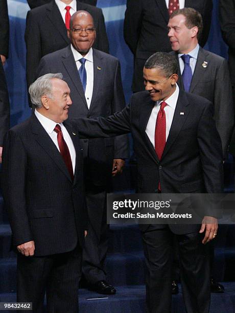 Kazakh President Nursultan Nazarbayev and U.S. President Barack Obama smile as South African Jacob Zuma and President Russian President Dmitry...