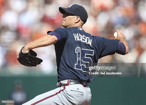 Tim Hudson of the Atlanta Braves pitches against the San Francisco Giants on Opening Day at AT&T Park on April 9, 2010 in in San Francisco,...