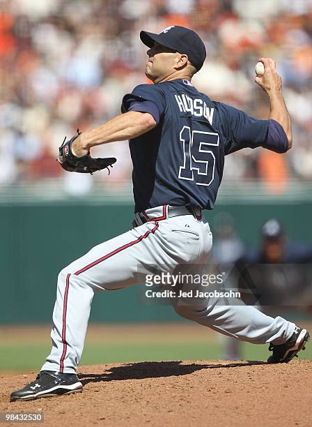 Tim Hudson of the Atlanta Braves pitches against the San Francisco Giants on Opening Day at AT&T Park on April 9, 2010 in in San Francisco,...