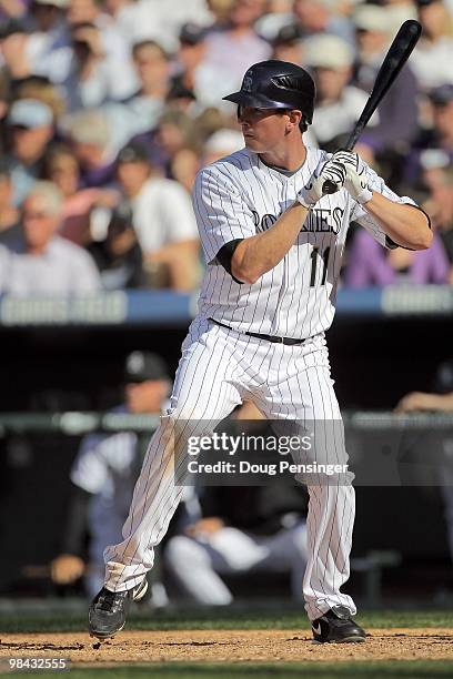 Brad Hawpe of the Colorado Rockies takes an at bat against the San Diego Padres during MLB action on Opening Day at Coors Field on April 9, 2010 in...