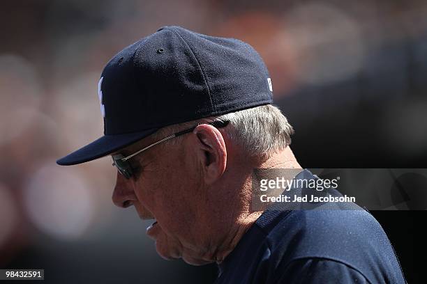 Manager Bobby Cox of the Atlanta Braves looks on against the San Francisco Giants on Opening Day at AT&T Park on April 9, 2010 in San Francisco,...