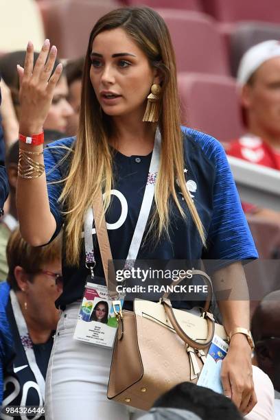 France's forward Florian Thauvin's girlfriend Charlotte Pirroni arrives to attend the Russia 2018 World Cup Group C football match between Denmark...