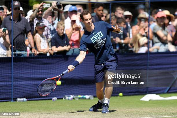 Andy Murray of Great Britain plays on a practice court on day five of the Nature Valley International at Devonshire Park on June 26, 2018 in...