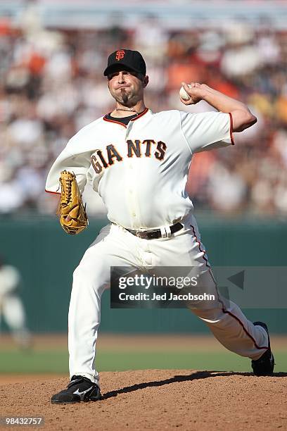 Jeremy Affeldt of the San Francisco Giants pitches against the Atlanta Braves on Opening Day at AT&T Park on April 9, 2010 in San Francisco,...