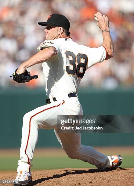 Brian Wilson of the San Francisco Giants pitches against the Atlanta Braves on Opening Day at AT&T Park on April 9, 2010 in in San Francisco,...