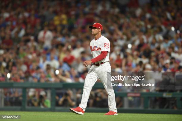 Philadelphia Phillies manager Gabe Kapler approaches the mound during a Major League Baseball game between the New York Yankees and the Philadelphia...