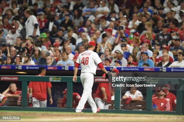 Philadelphia Phillies Pitcher Adam Morgan heads to the dugout during a Major League Baseball game between the New York Yankees and the Philadelphia...
