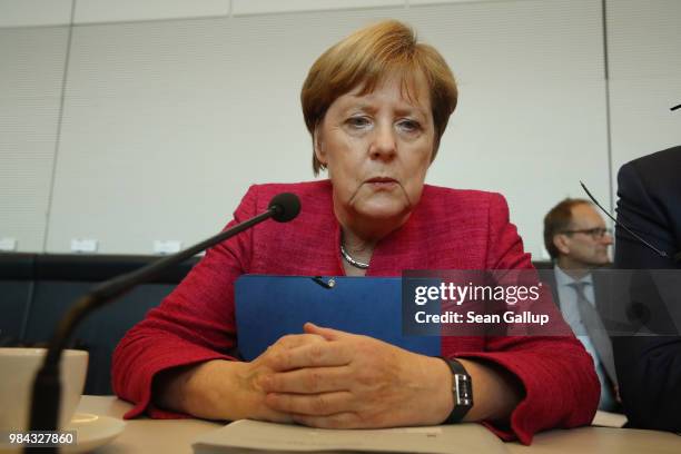 German Chancellor and leader of the German Christian Democrats Angela Merkel arrives for a meeting of the joint Bundestag faction of the CDU and the...