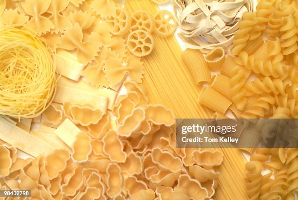 Close-up view of a number of different types of uncooked pasta, 2010.