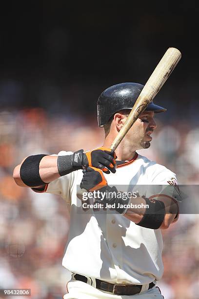 Aaron Rowand of the San Francisco Giants bats against the Atlanta Braves on Opening Day at AT&T Park on April 9, 2010 in San Francisco, California.