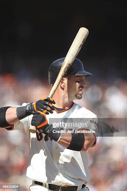 Aaron Rowand of the San Francisco Giants bats against the Atlanta Braves on Opening Day at AT&T Park on April 9, 2010 in San Francisco, California.