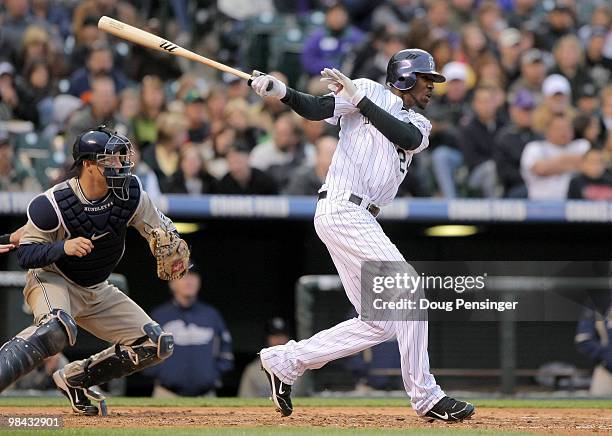 Outfielder Dexter Fowler of the Colorado Rockies takes an at bat against the San Diego Padres during MLB action at Coors Field on April 10, 2010 in...