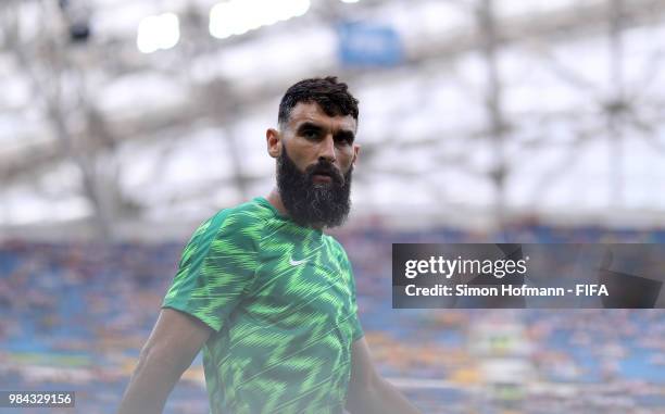 Mile Jedinak of Australia looks on during the warm up prior to the 2018 FIFA World Cup Russia group C match between Australia and Peru at Fisht...