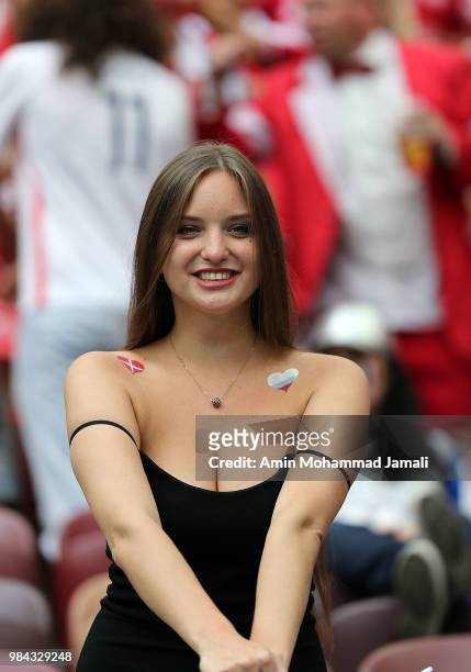 Fans of Denmark during the 2018 FIFA World Cup Russia group C match between Denmark and France at Luzhniki Stadium on June 26, 2018 in Moscow, Russia.