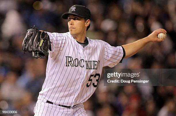 Relief pitcher Randy Flores of the Colorado Rockies delivers against the San Diego Padres during MLB action at Coors Field on April 10, 2010 in...