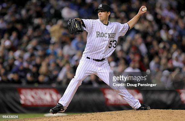 Relief pitcher Randy Flores of the Colorado Rockies delivers against the San Diego Padres during MLB action at Coors Field on April 10, 2010 in...