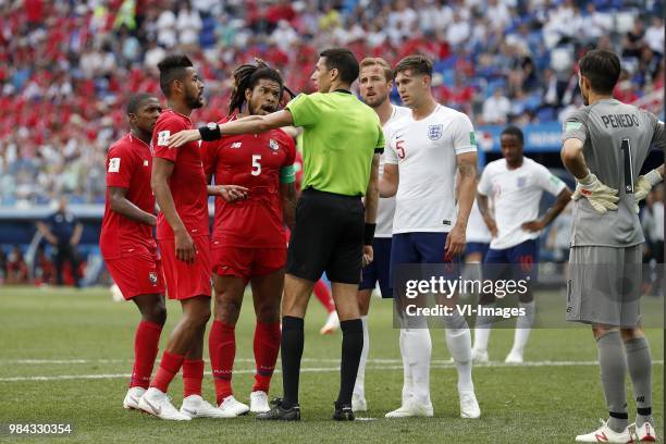 Anibal Godoy of Panama, Roman Torres of Panama, referee Ghead Grisha, Harry Kane of England, John Stones of England, Panama goalkeeper Jaime Penedo...