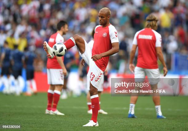 Mathias Jorgensen of Denmark warms up prior to during the 2018 FIFA World Cup Russia group C match between Denmark and France at Luzhniki Stadium on...