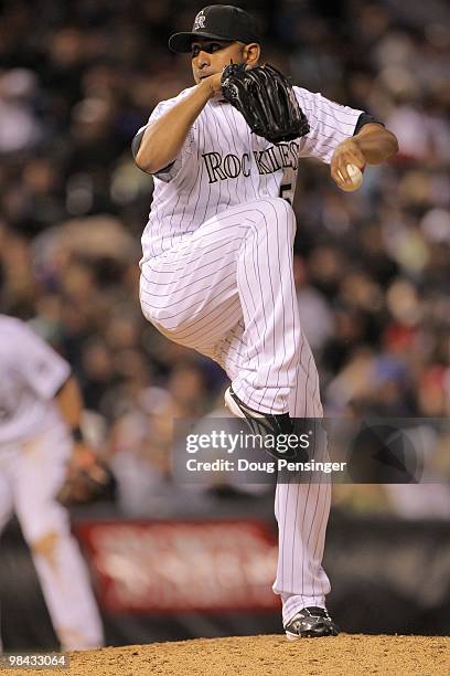 Relief pitcher Franklin Morales of the Colorado Rockies delivers against the San Diego Padres during MLB action at Coors Field on April 10, 2010 in...