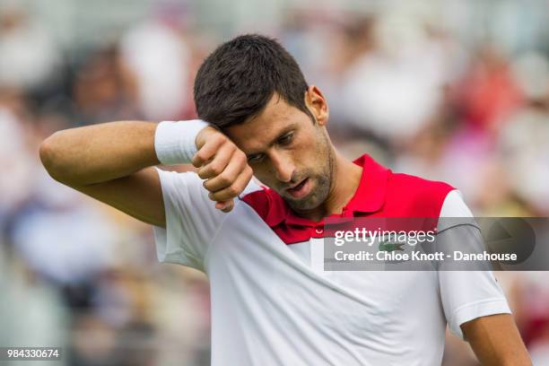 Novak Djokovic of Serbia during his match against John Millman of Australia on day two of the Fever-Tree Championships at Queens Club on June 19,...