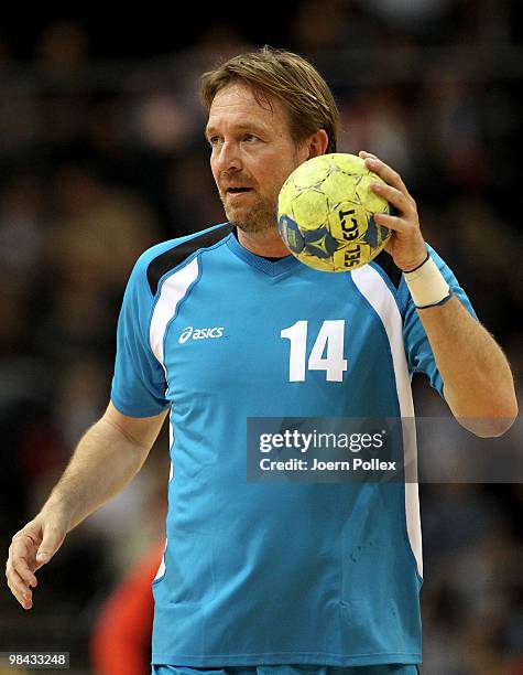 Head coach of HSV Handball Martin Schwalb in action during a friendly match prior to the charity match for benefit of Oleg Velyky's family at the...