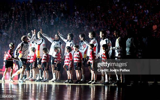 The German national line up prior to a charity match for benefit of Oleg Velyky's family at the Color Line Arena on April 13, 2010 in Hamburg,...
