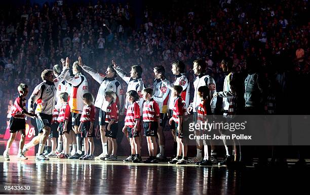 The German national line up prior to a charity match for benefit of Oleg Velyky's family at the Color Line Arena on April 13, 2010 in Hamburg,...