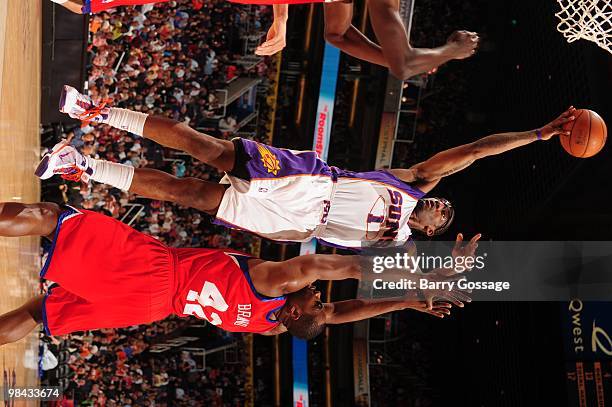 Amar'e Stoudemire of the Phoenix Suns lays the ball up over Elton Brand of the Philadelphia 76ers during the game on February 24, 2010 at US Airways...