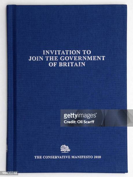 General view of a copy of the Conservative party manifesto which was launched today on April 13, 2010 in London, England. The manifesto includes...