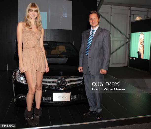 Mercedes-Benz ambassador Julia Stegner and Mercedes-Benz Mexico general director, Bruno Cattori attend the Sergio Bustamante showroom during the...
