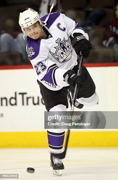 Captain Dustin Brown of the Los Angeles Kings warms up prior to facing the Colorado Avalanche during NHL action at the Pepsi Center on March 24, 2010...