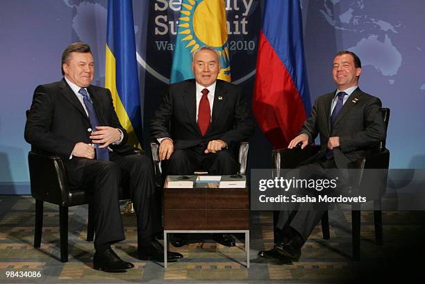 Russian President Dmitry Medvedev meets President of Ukraine Viktor Yanukovych and Kazakh President Nursultan Nazarbayev during the summit of the...