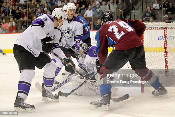 Ryan Stoa of the Colorado Avalanche collected his own rebound and gets the puck past goalie Erik Ersberg of the Los Angeles Kings for a first period...