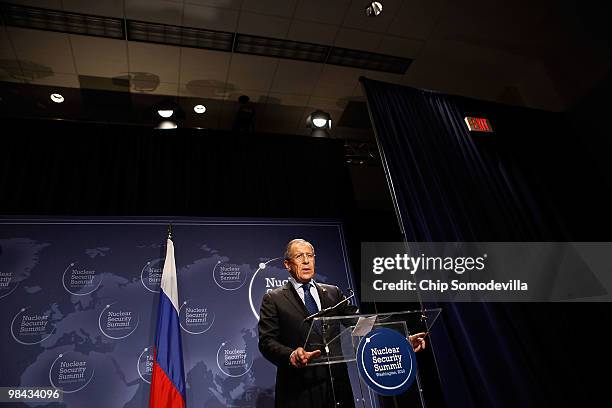 Russian Foreign Minister Sergey Lavrov delivers remarks before signing an agreement on eliminating excess weapon-grade plutonium from his country's...
