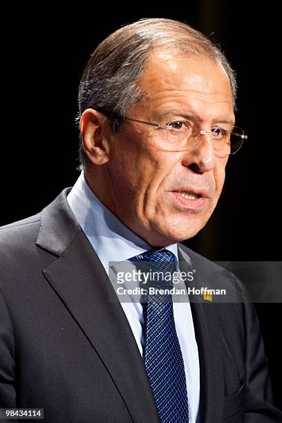 Russian Foreign Minister Sergey Lavrov speaks before signing a plutonium disposition protocol with Secretary of State Hillary Clinton at the Nuclear...