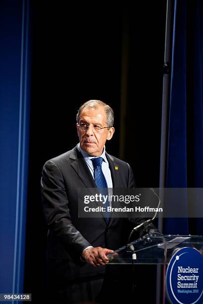 Russian Foreign Minister Sergey Lavrov speaks before signing a plutonium disposition protocol with Secretary of State Hillary Clinton at the Nuclear...