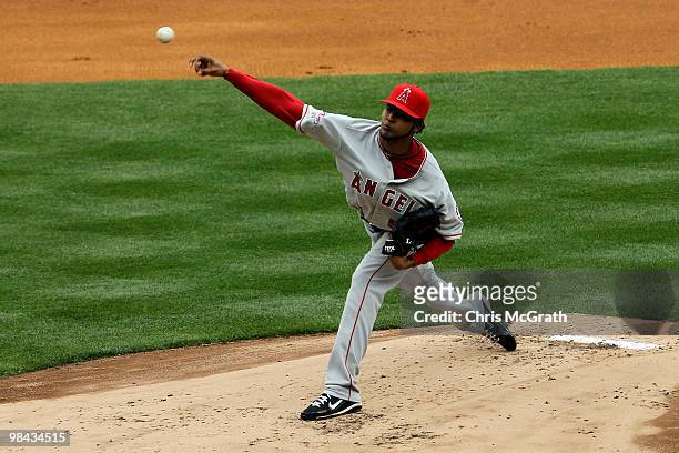 Ervin Santana of the Los Angeles Angels of Anaheim throws a pitch against the New York Yankees during the Yankees home opener at Yankee Stadium on...