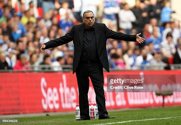 Portsmouth manager Avram Grant gestures during the FA Cup sponsored by E.ON Semi Final match between Tottenham Hotspur and Portsmouth at Wembley...