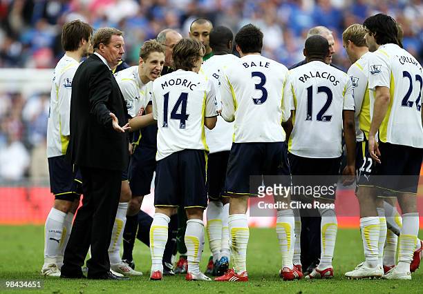 Tottenham Hotspur manager Harry Redknapp talks to his players during the FA Cup sponsored by E.ON Semi Final match between Tottenham Hotspur and...