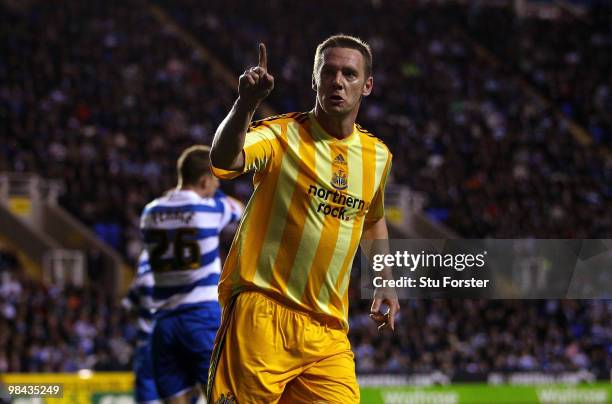 Newcastle United player Kevin Nolan celebrates after scoring the first Newcastle goal during the Coca-Cola Championship game between Reading and...