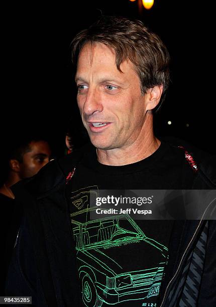 Skateboarder Tony Hawk arrives at Banksy's "Exit Through The Gift Shop" premiere at Los Angeles Theatre on April 12, 2010 in Los Angeles, California.