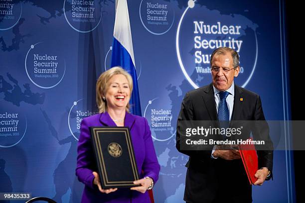Secretary of State Hillary Clinton and Russian Foreign Minister Sergey Lavrov after signing a plutonium disposition protocol at the Nuclear Security...