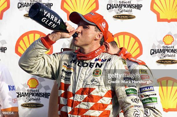 Mark Skaife of Holden drinks from the bottle after winning race 2 during the Round 3 V8 Shell Championship Series held at Eastern Creek Raceway,...