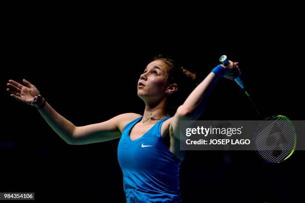 French Yaelle Clara Hoyaux returns to Turkish Aliye Demirbag during their badminton Women's Singles Finals - Bronze Medal Match of the XVIII...