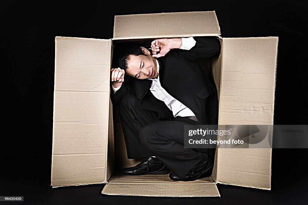 Hiding In Box Portrait Of Man Hiding In Cardboard Box High-Res Stock Photo - Getty Images