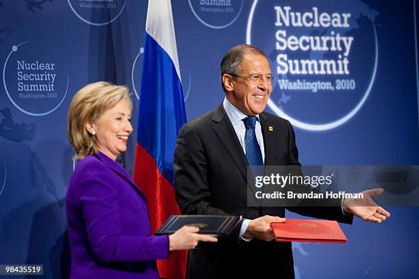 Secretary of State Hillary Clinton and Russian Foreign Minister Sergey Lavrov after signing a plutonium disposition protocol at the Nuclear Security...