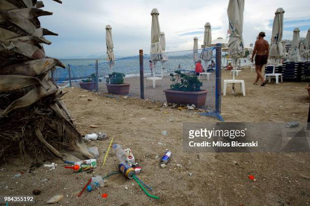 Plastic garbage lying on the Aegean sea beach near Athens on June 26 Greece . The Mediterranean is one of the seas with the highest levels of plastic...